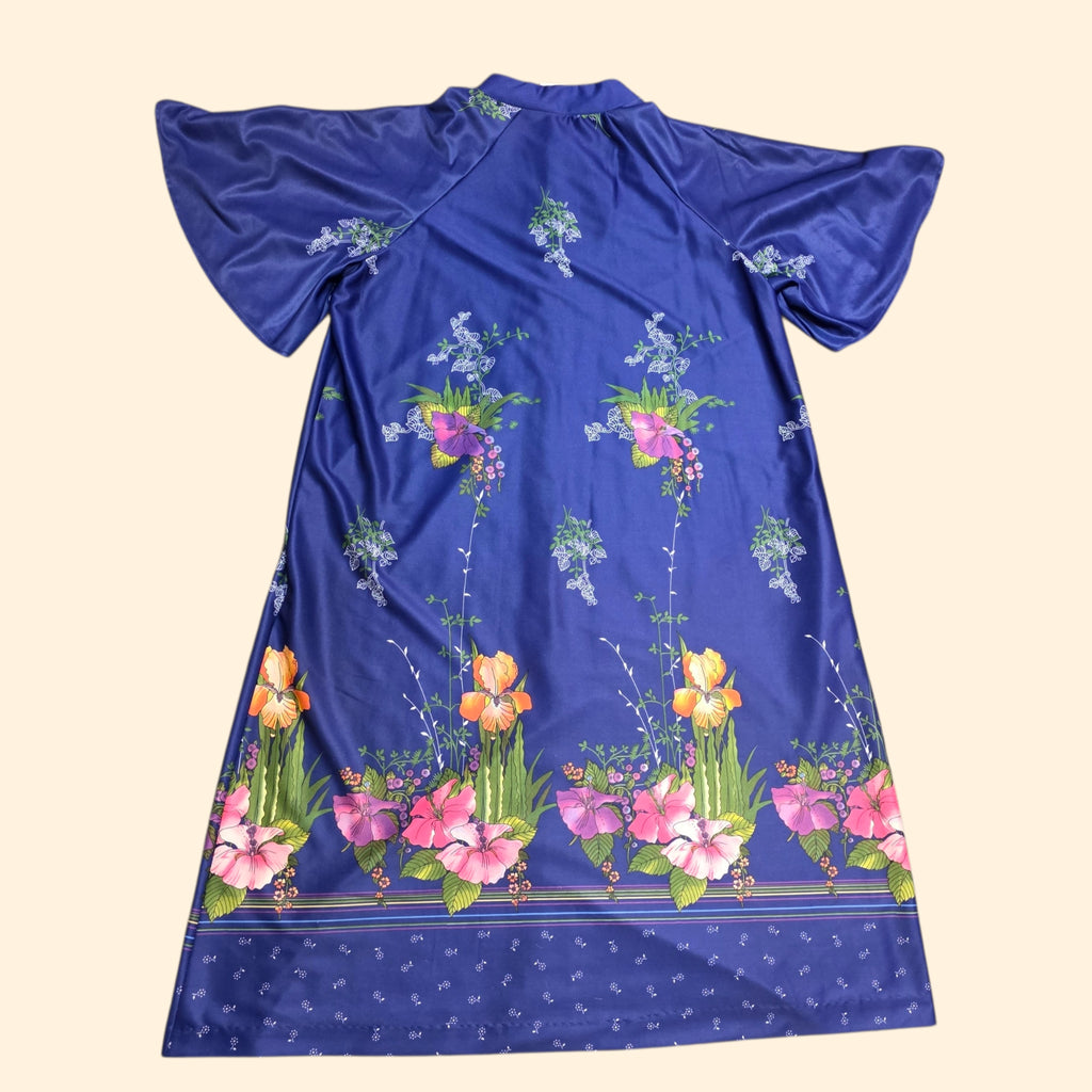 1970s Blue Floral Bell Sleeve House Dress ~ Medium Large ~ Nightgown Mumu