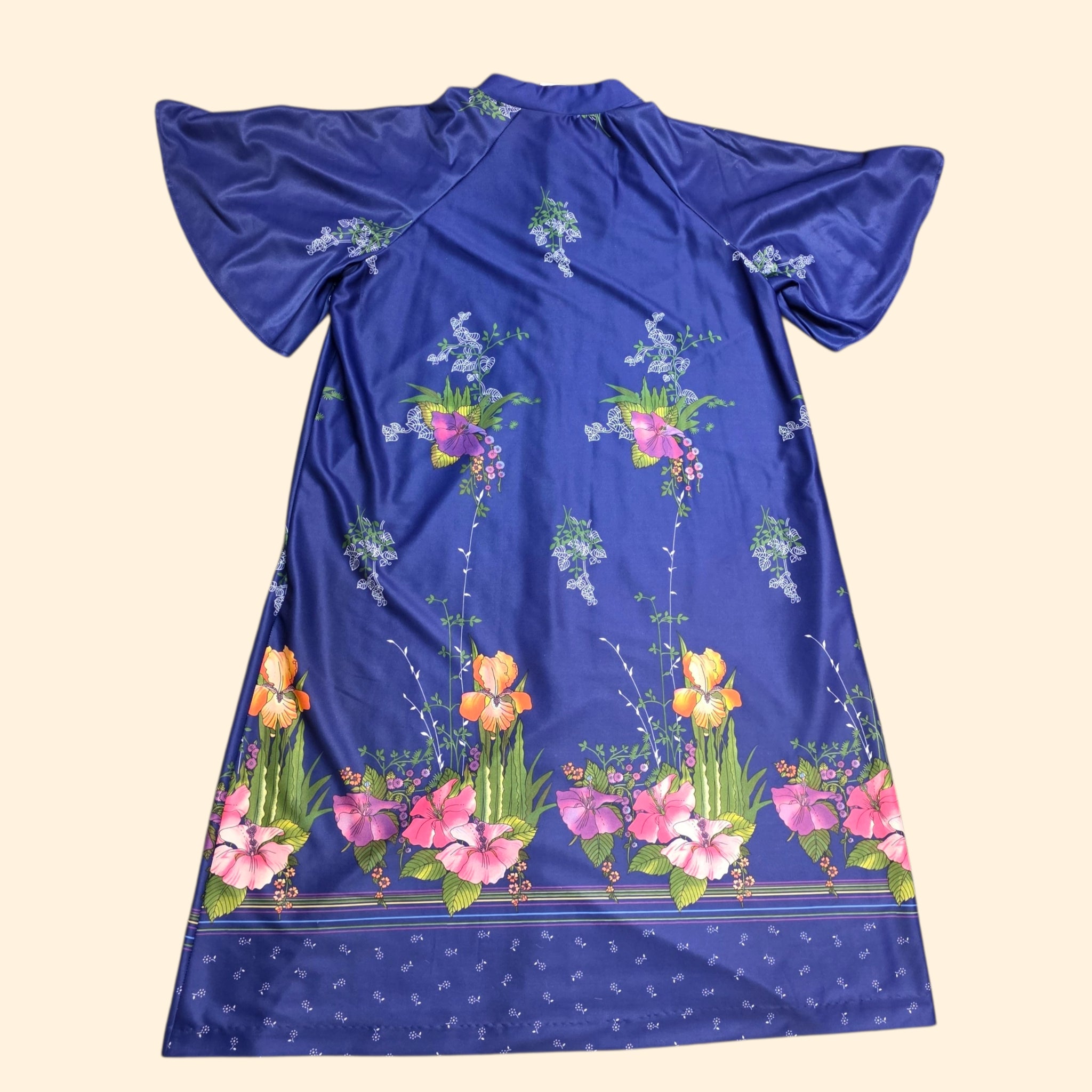 1970s Blue Floral Bell Sleeve House Dress ~ Medium Large ~ Nightgown Mumu