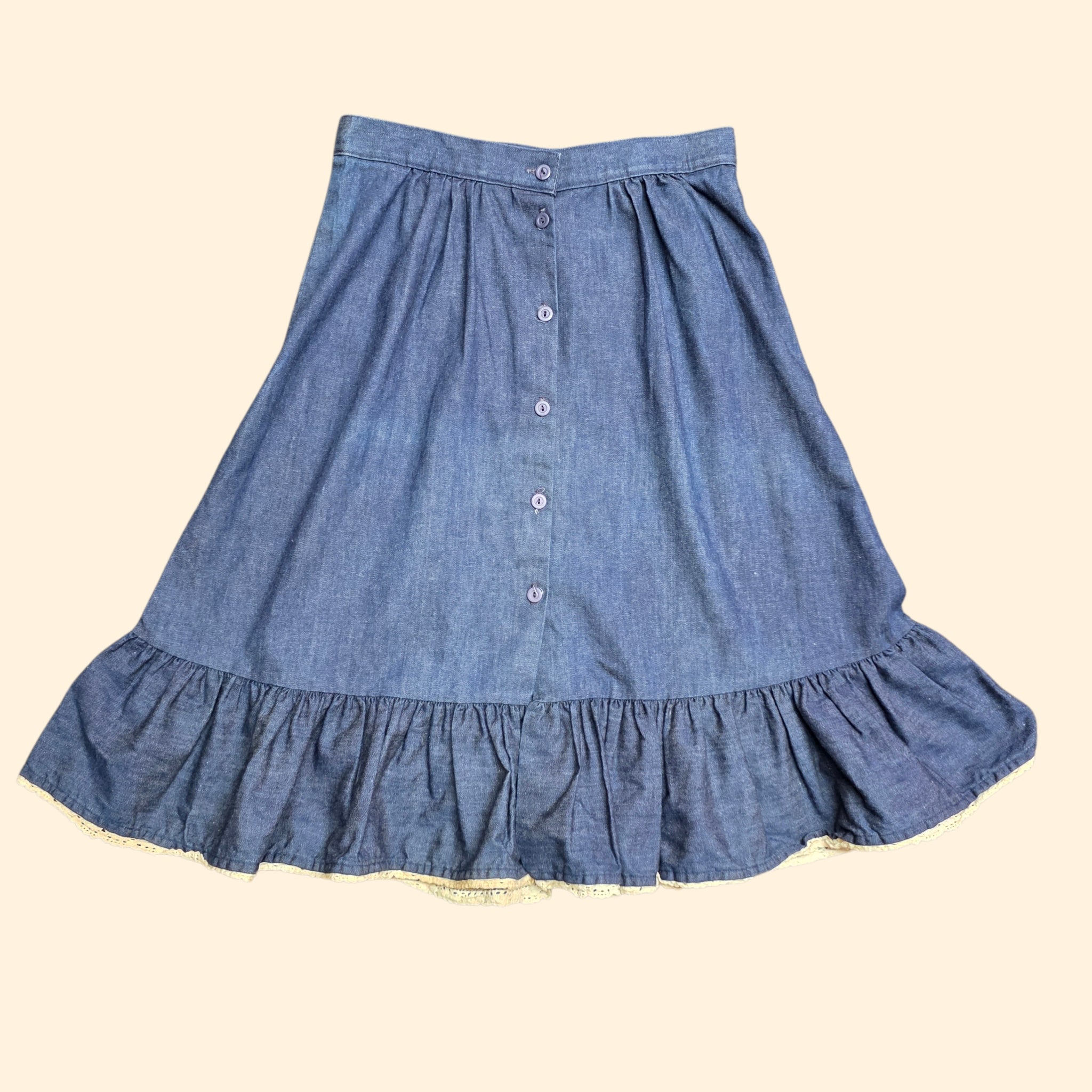 1970s Indigo Chambray Midi Western Button Down Skirt ~ Medium ~ Contra Denim Ruffle