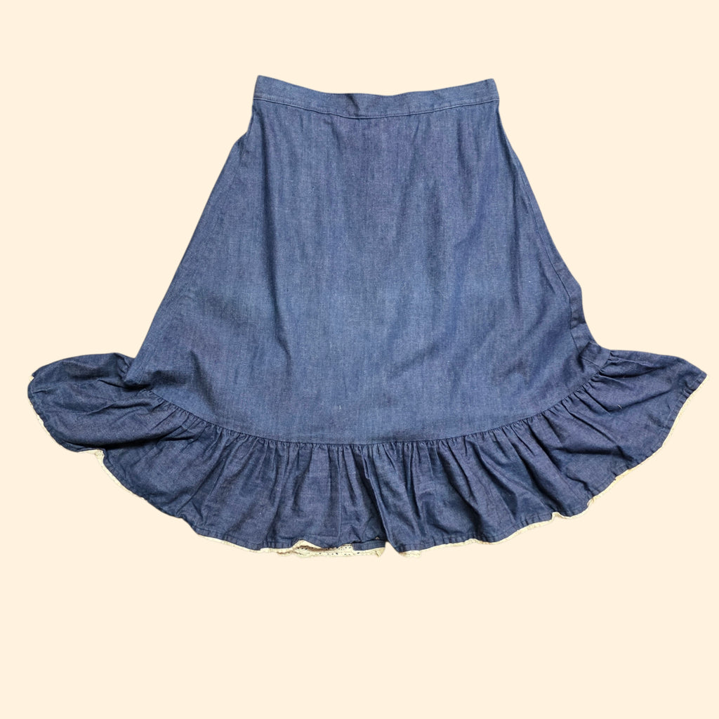 1970s Indigo Chambray Midi Western Button Down Skirt ~ Medium ~ Contra Denim Ruffle