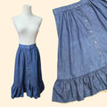 1970s Indigo Chambray Midi Western Button Down Skirt ~ Medium ~ Contra Denim Ruffle