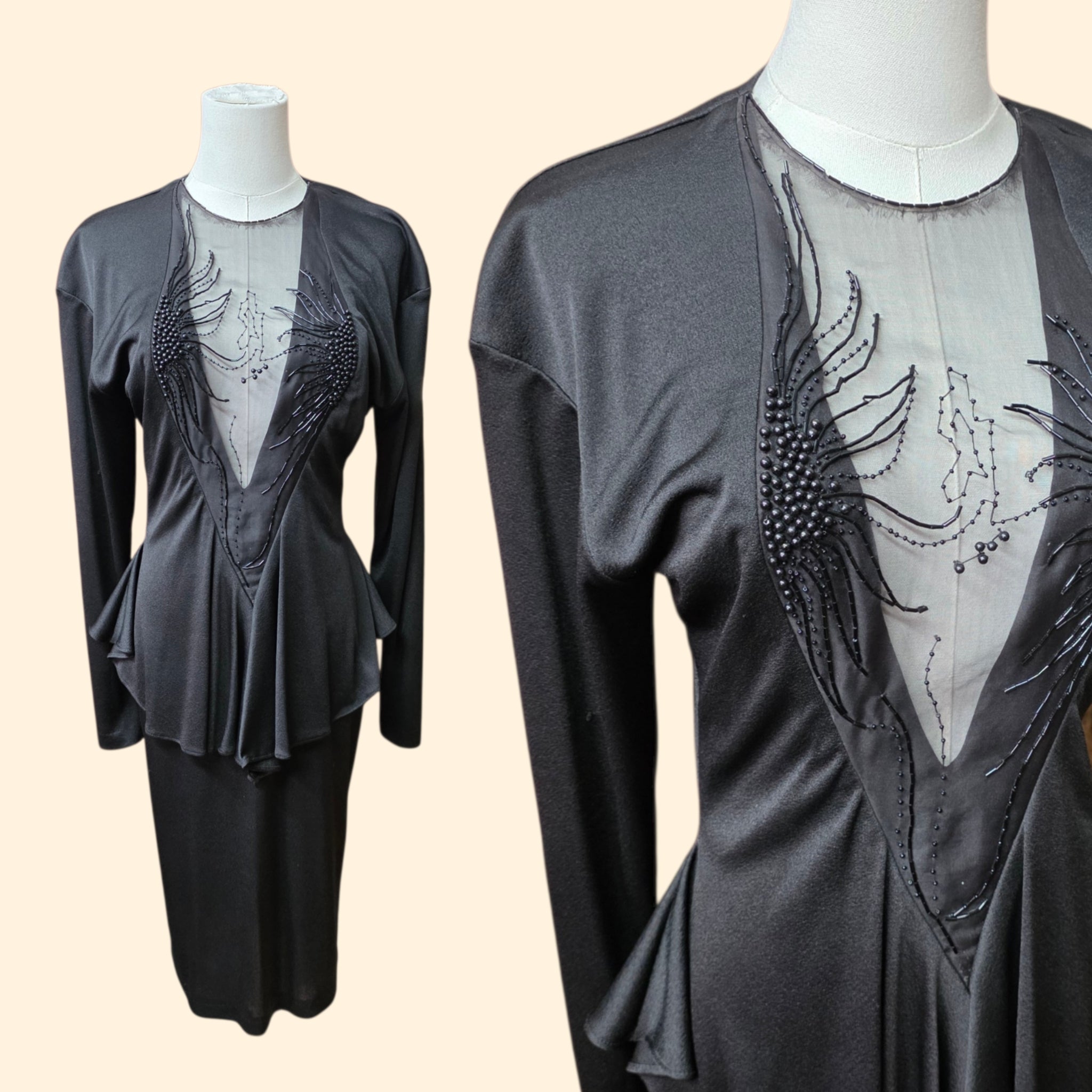 1980s Climax Black Beaded Body Con Peplum Party Dress ~ Small ~ LBD Little Black Dress