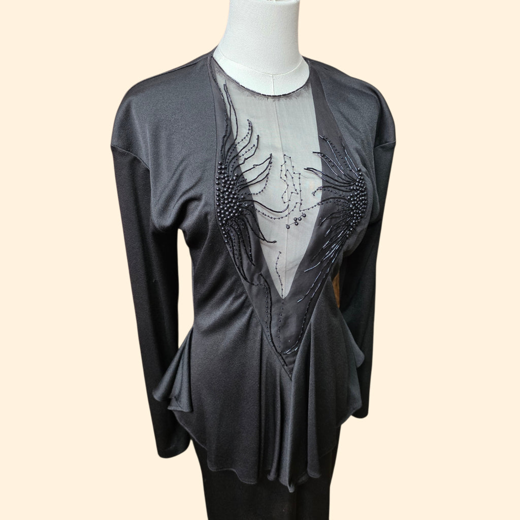 1980s Climax Black Beaded Body Con Peplum Party Dress ~ Small ~ LBD Little Black Dress