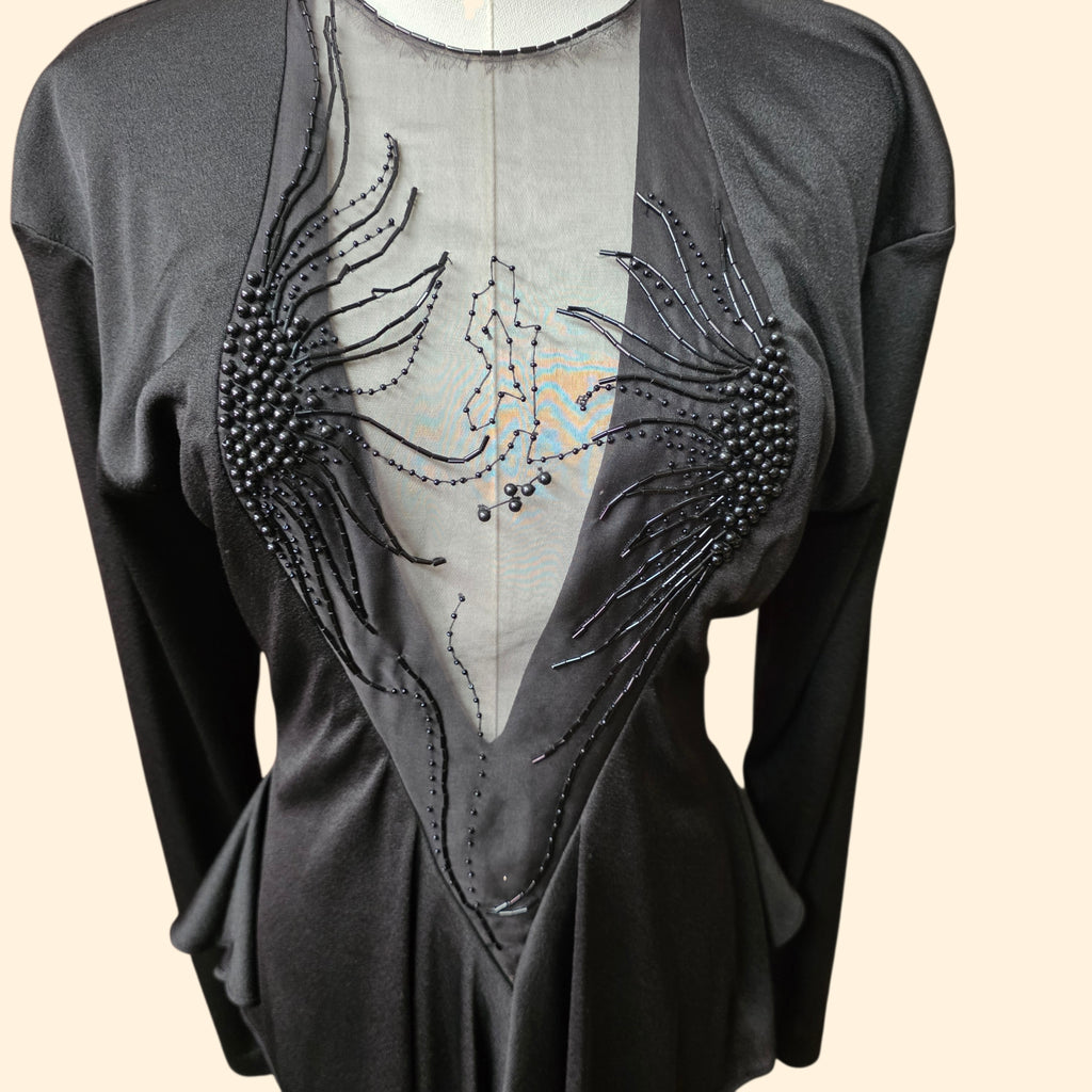 1980s Climax Black Beaded Body Con Peplum Party Dress ~ Small ~ LBD Little Black Dress