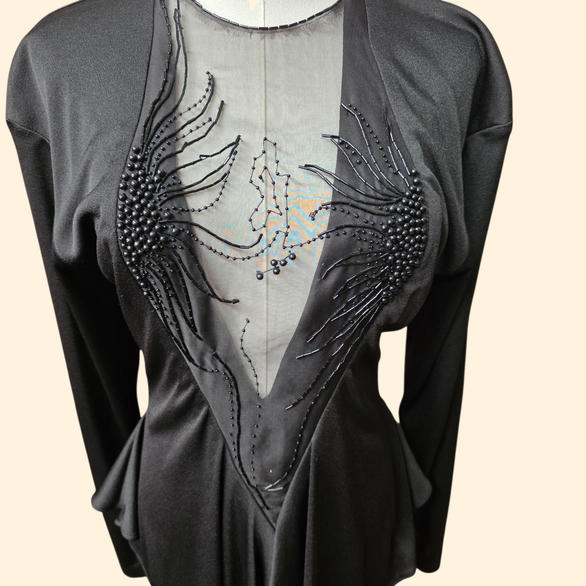 1980s Climax Black Beaded Body Con Peplum Party Dress ~ Small ~ LBD Little Black Dress