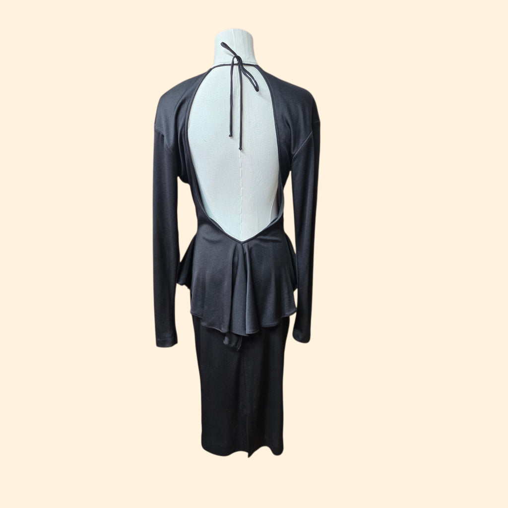 1980s Climax Black Beaded Body Con Peplum Party Dress ~ Small ~ LBD Little Black Dress