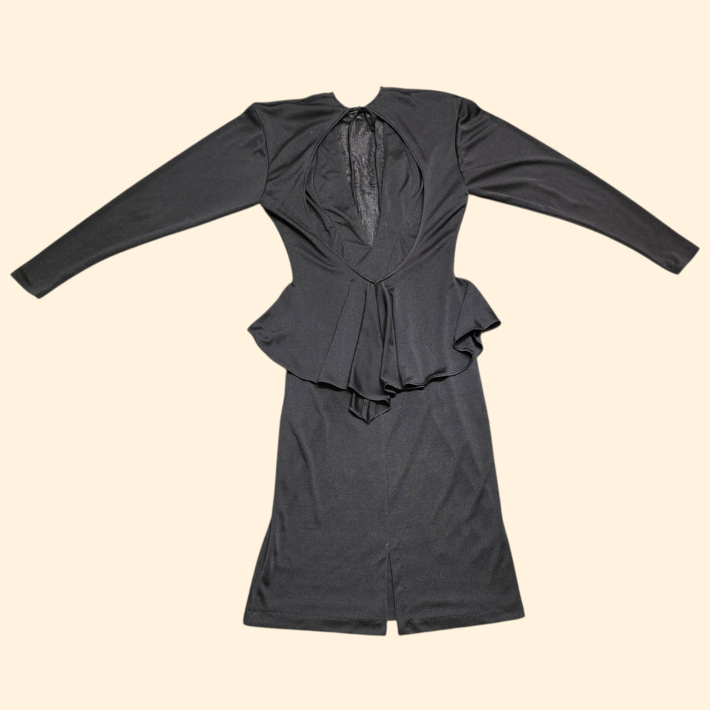 1980s Climax Black Beaded Body Con Peplum Party Dress ~ Small ~ LBD Little Black Dress