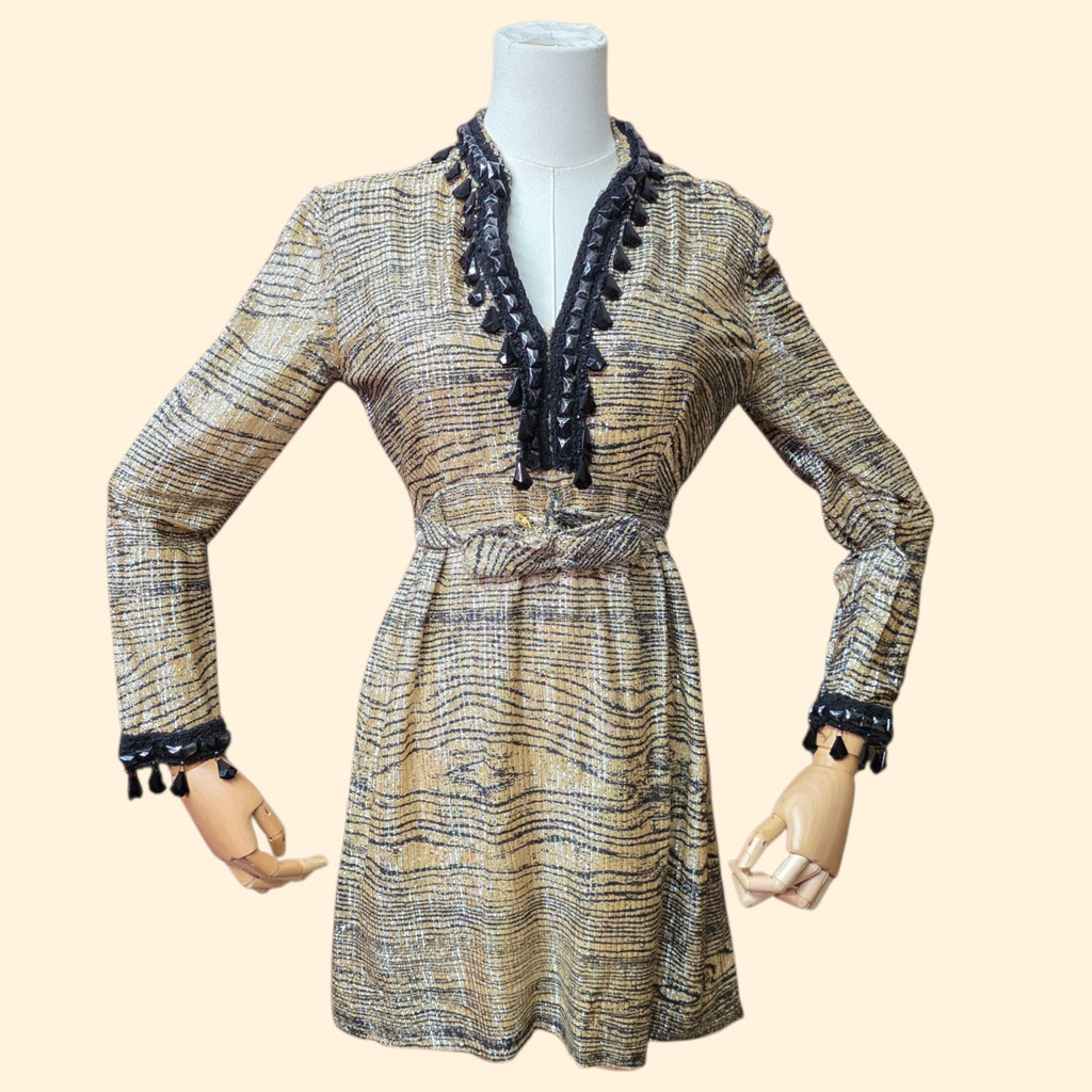1960s Beaded Tiger Print Lurex Mini Dress ~ Small ~ Formal