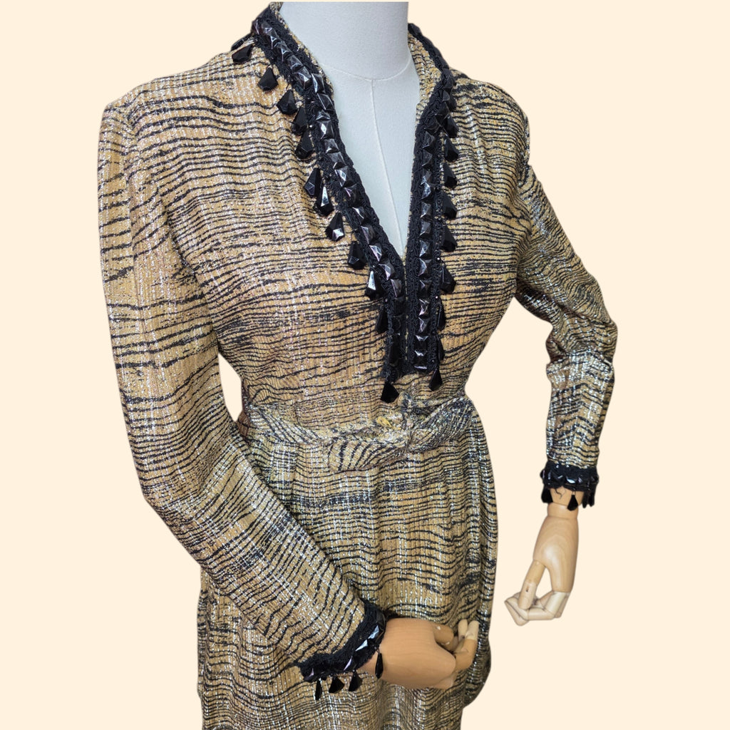1960s Beaded Tiger Print Lurex Mini Dress ~ Small ~ Formal