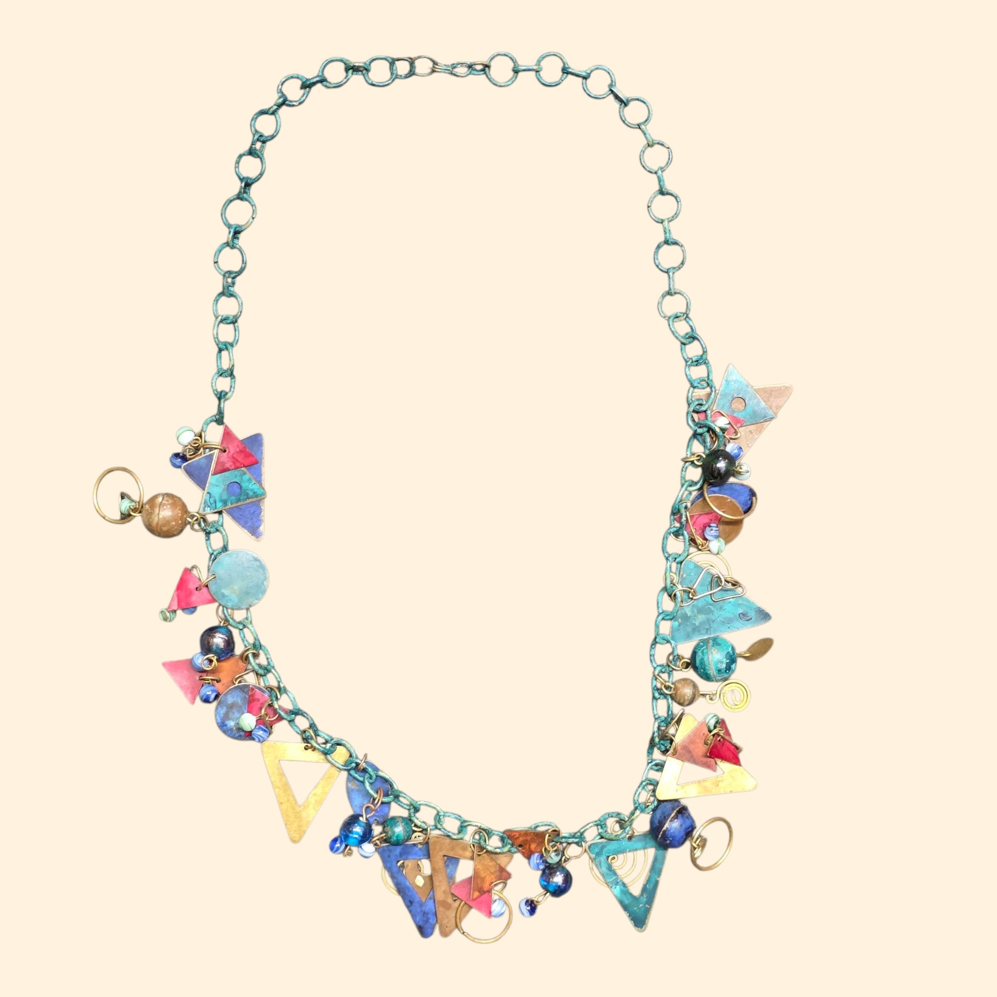 1990s Artisan Mixed Metal Abstract Boho Statement Charm Necklace