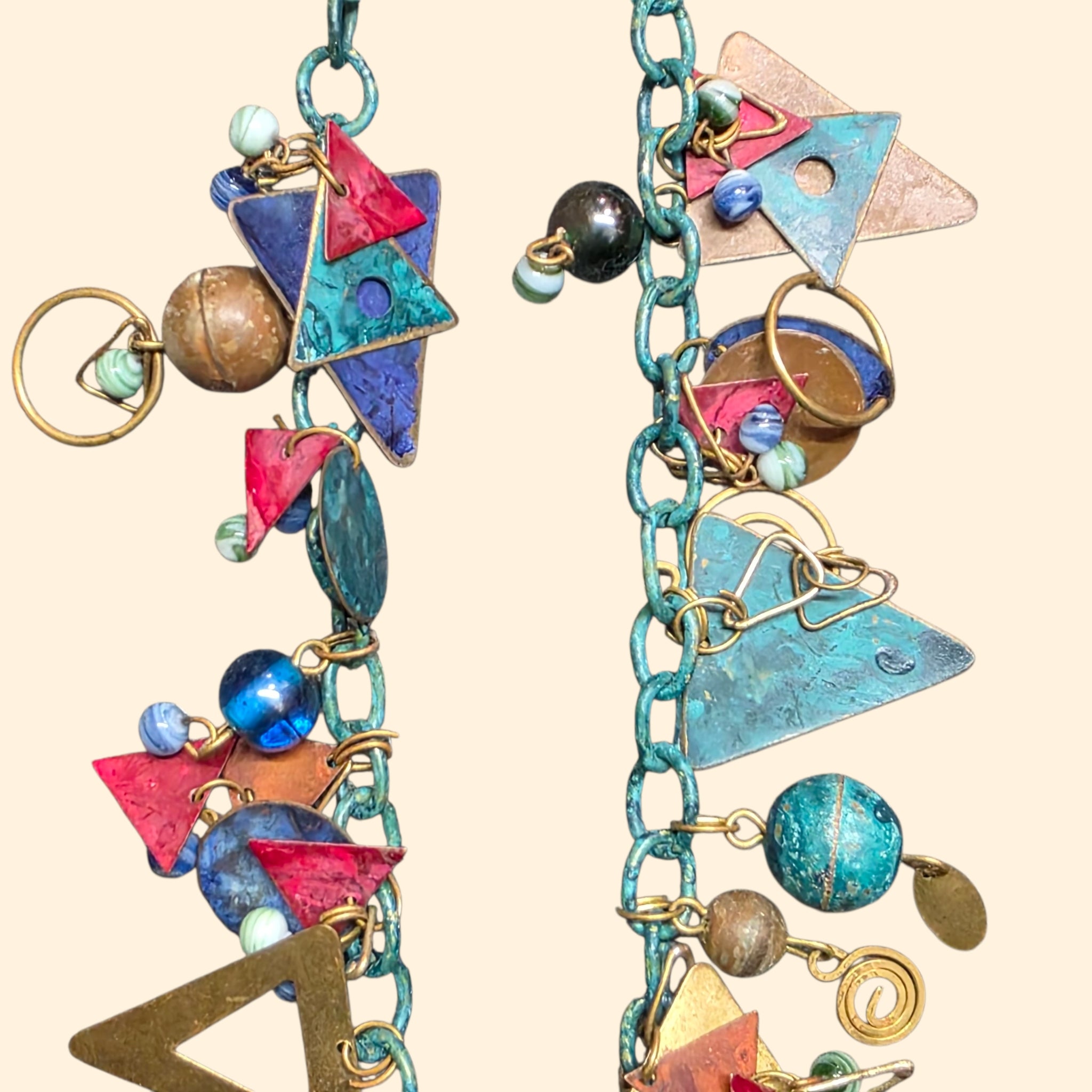 1990s Artisan Mixed Metal Abstract Boho Statement Charm Necklace