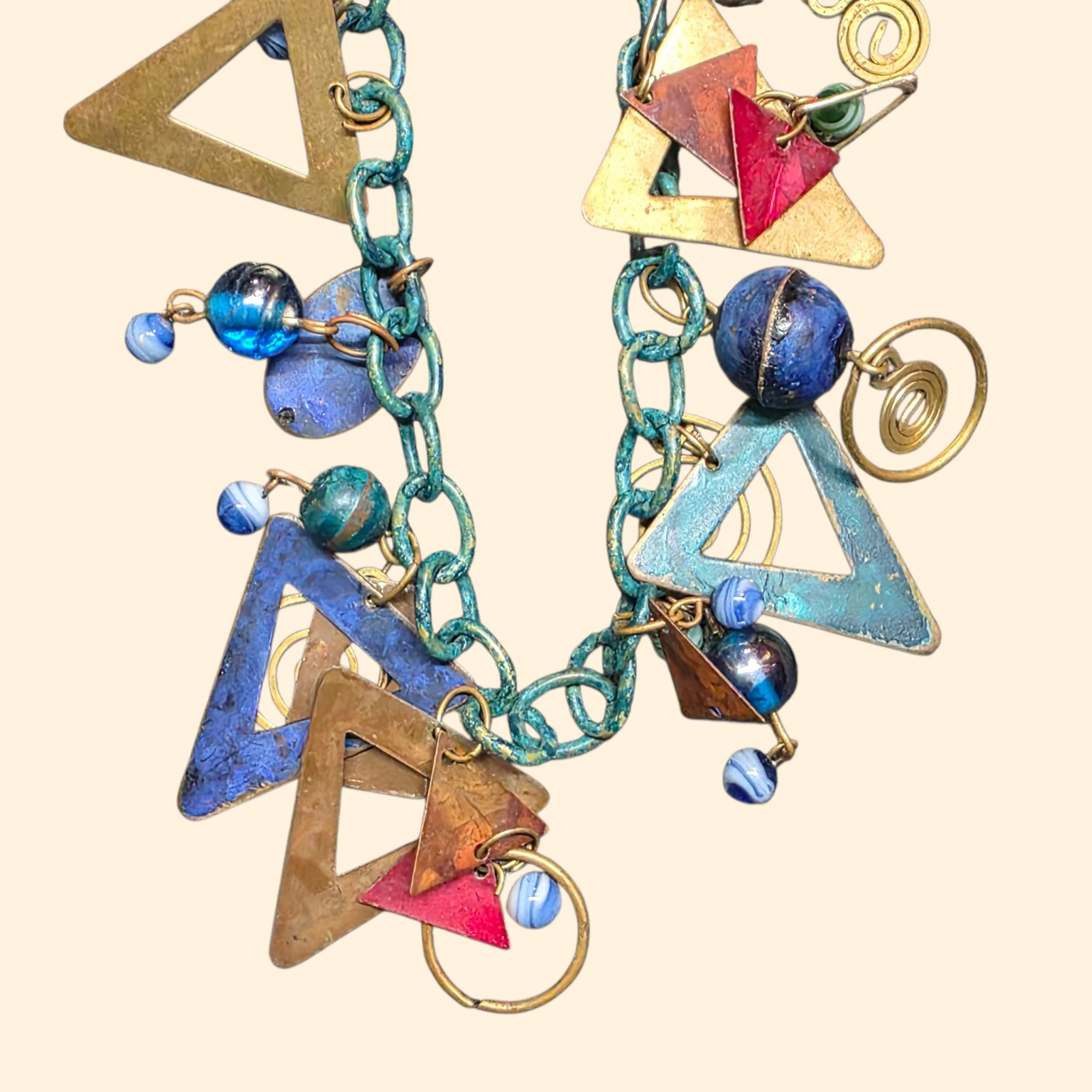 1990s Artisan Mixed Metal Abstract Boho Statement Charm Necklace