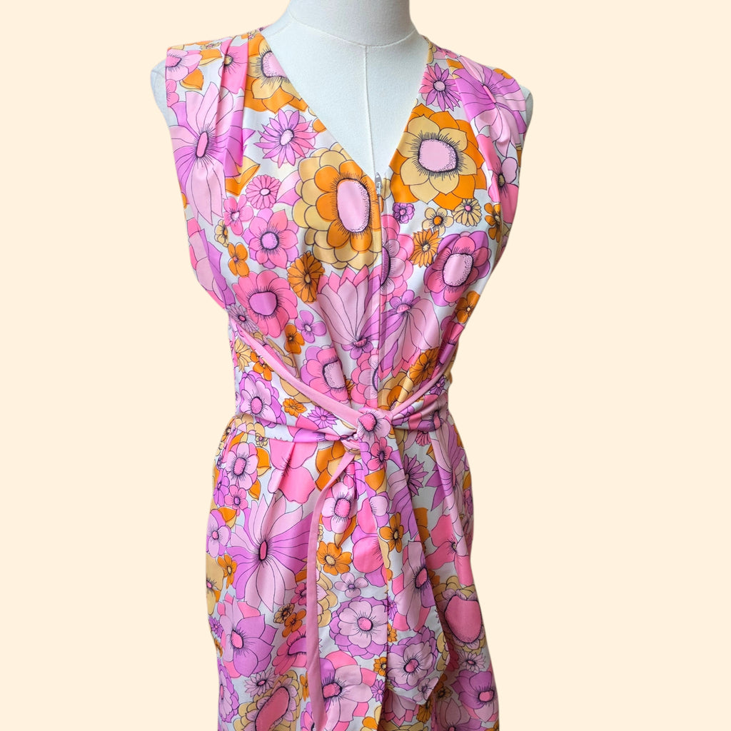1960s Pink Flower Power Shadowline Sleeveless Jumpsuit ~ Medium ~ Nylon Floral Hippie