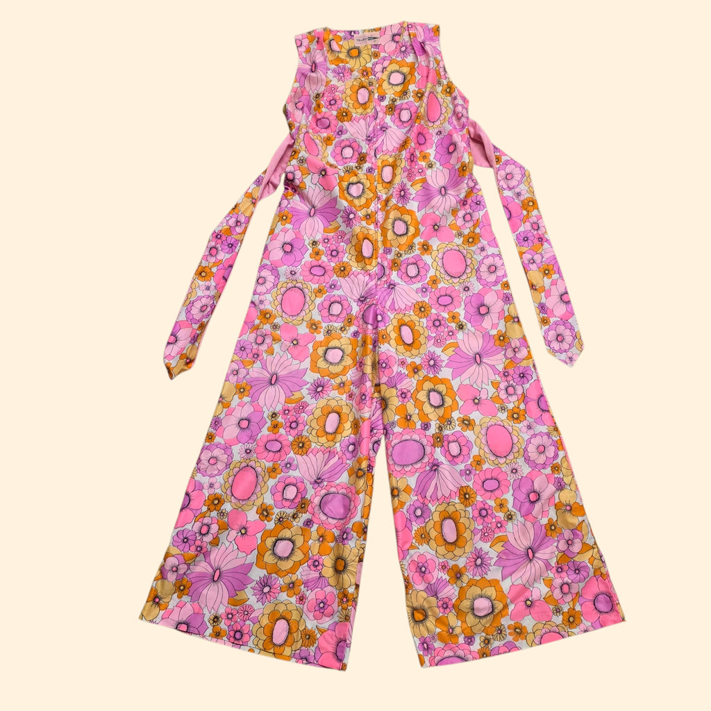 1960s Pink Flower Power Shadowline Sleeveless Jumpsuit ~ Medium ~ Nylon Floral Hippie