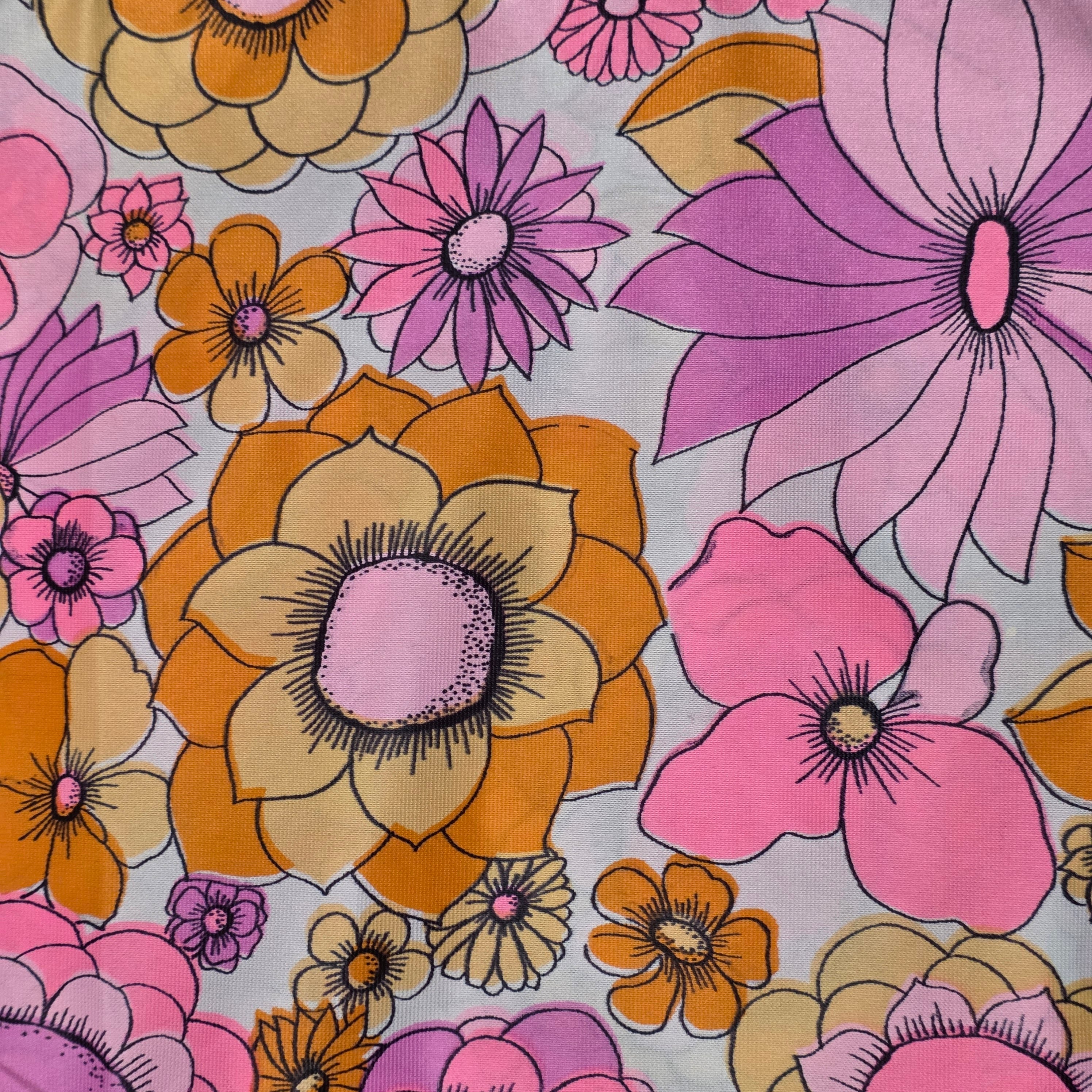 1960s Pink Flower Power Shadowline Sleeveless Jumpsuit ~ Medium ~ Nylon Floral Hippie