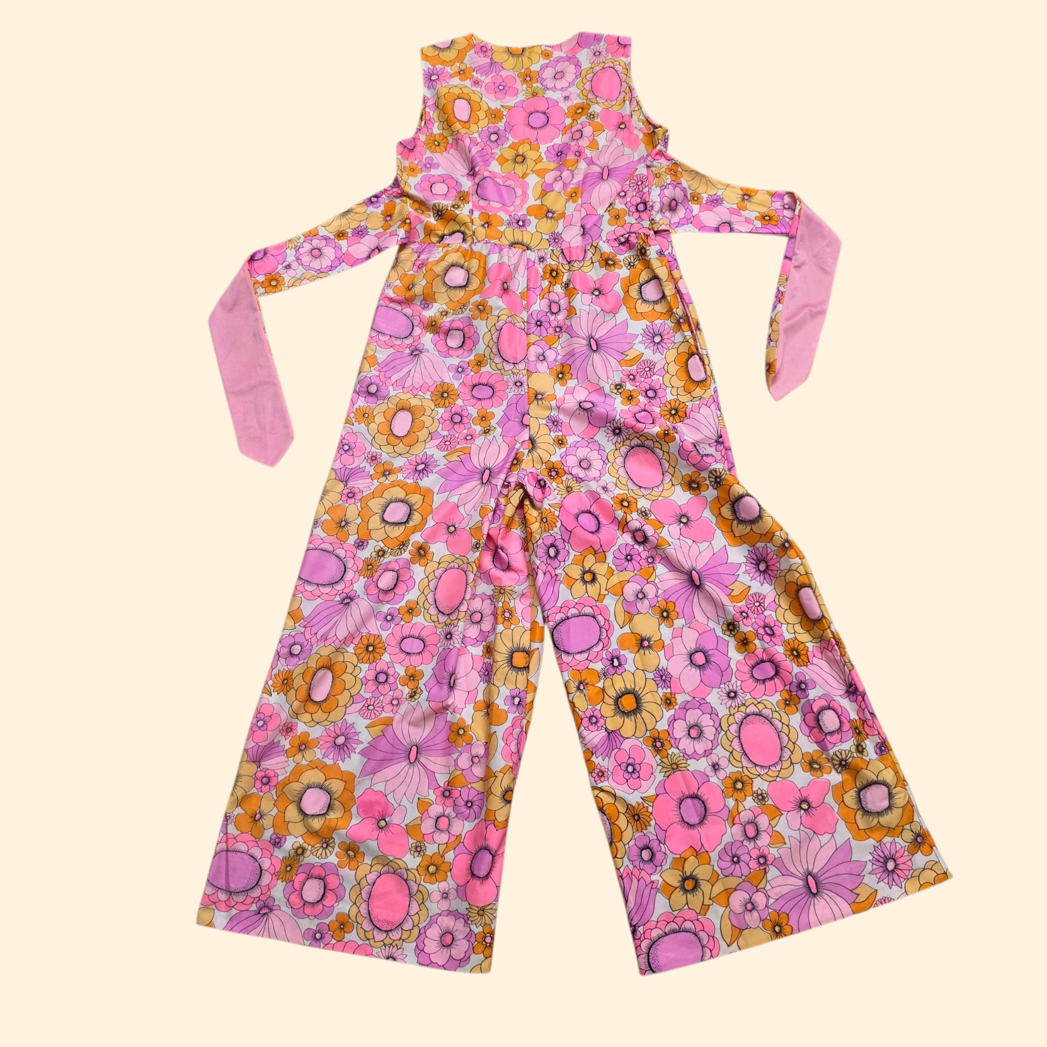 1960s Pink Flower Power Shadowline Sleeveless Jumpsuit ~ Medium ~ Nylon Floral Hippie