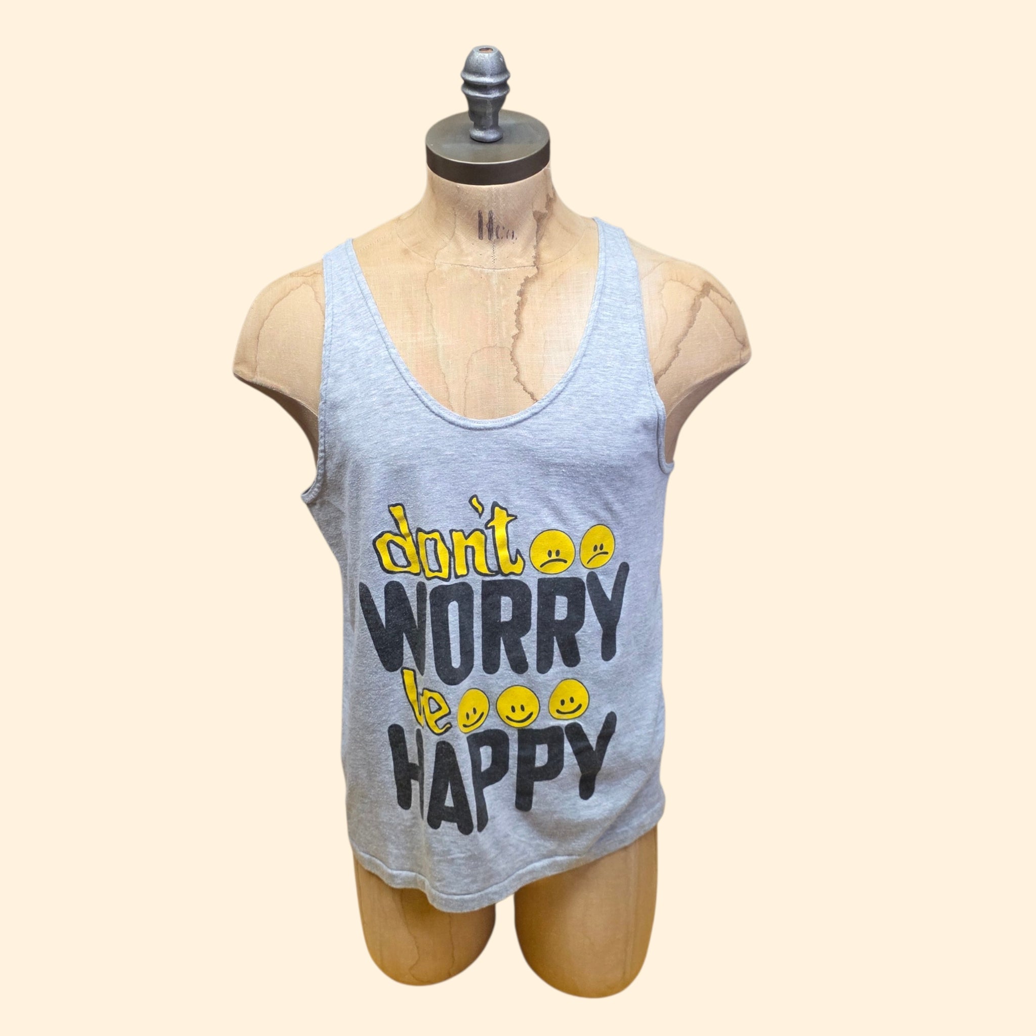 1990s Don't Worry Be Happy Tank Top ~ Medium ~ Single Stitch Muscle Tank