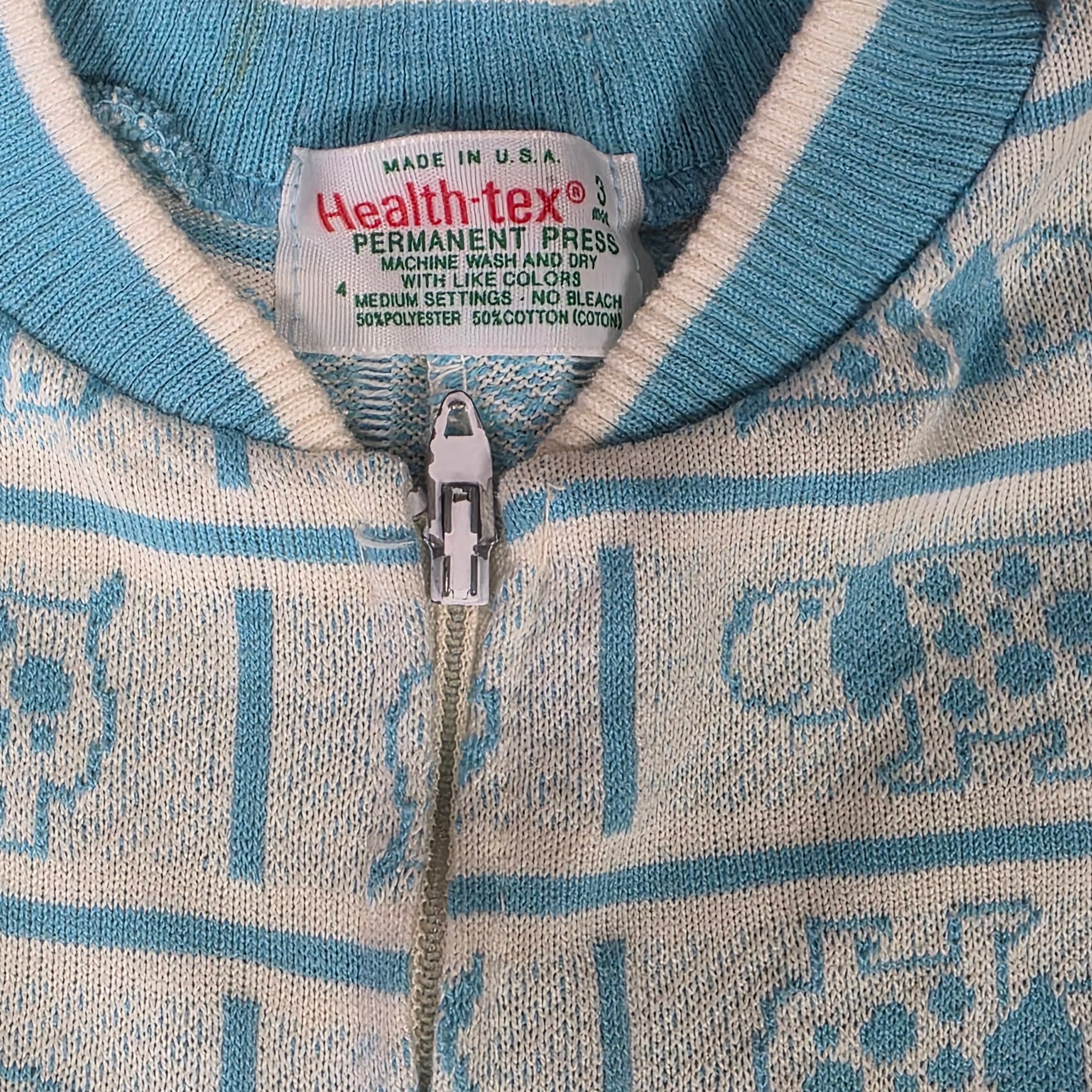 1970s Health-tex Blue and White Puppy Dog Footless Knit Romper Sleeper ~ 3 Months
