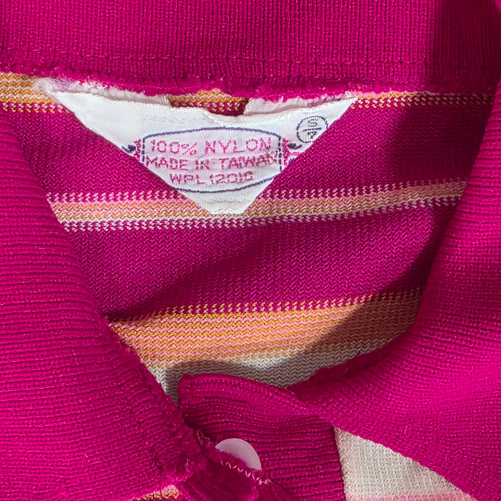 1970s Pink Striped Long Sleeve Nylon Polo Shirt ~ Youth 7