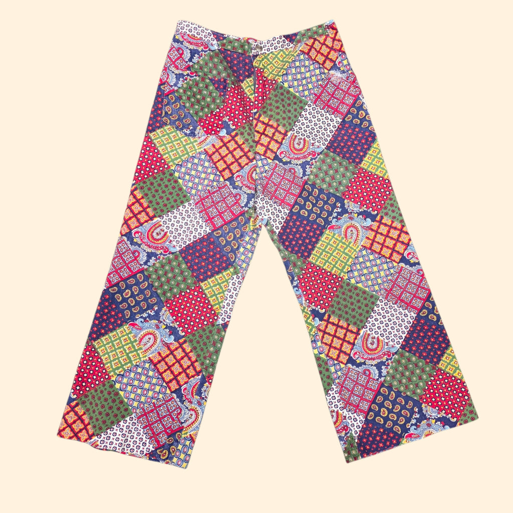 1970s Patchwork Print Wide Leg Pants ~ Junior Petite Extra Small ~ Cropped Capri