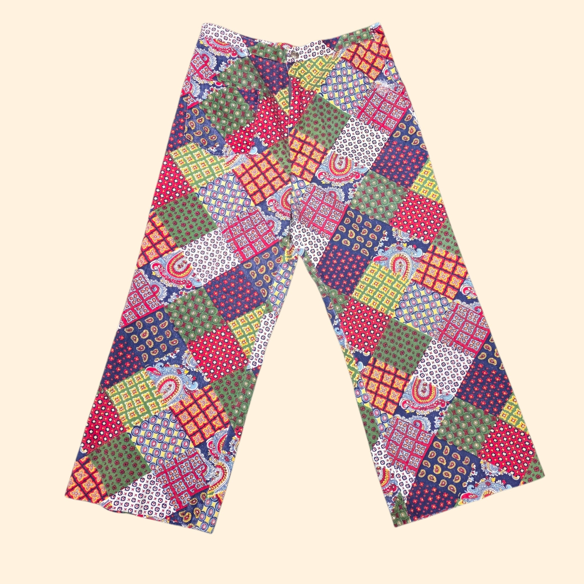 1970s Patchwork Print Wide Leg Pants ~ Junior Petite Extra Small ~ Cropped Capri