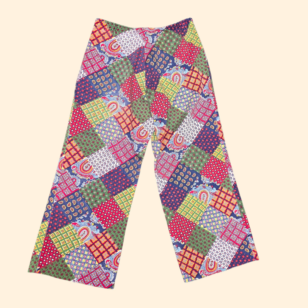 1970s Patchwork Print Wide Leg Pants ~ Junior Petite Extra Small ~ Cropped Capri
