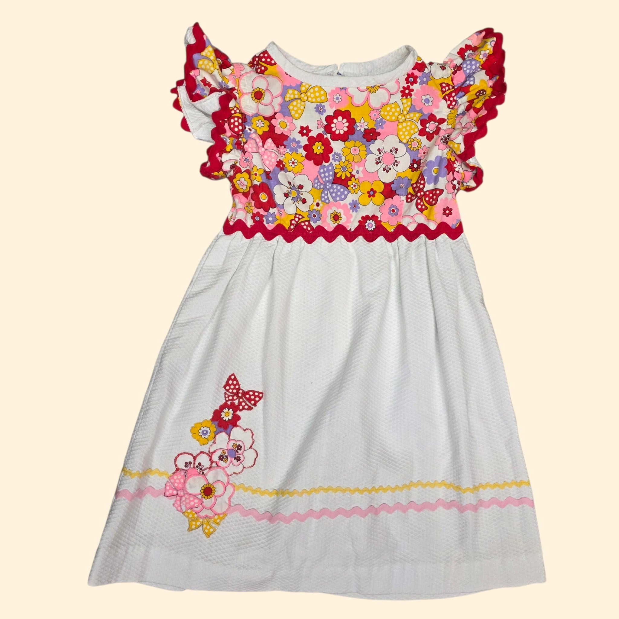 1960s Flower Power Dress ~ Girls 10 / 12 ~ Ric Rac Applique Flutter Sleeves