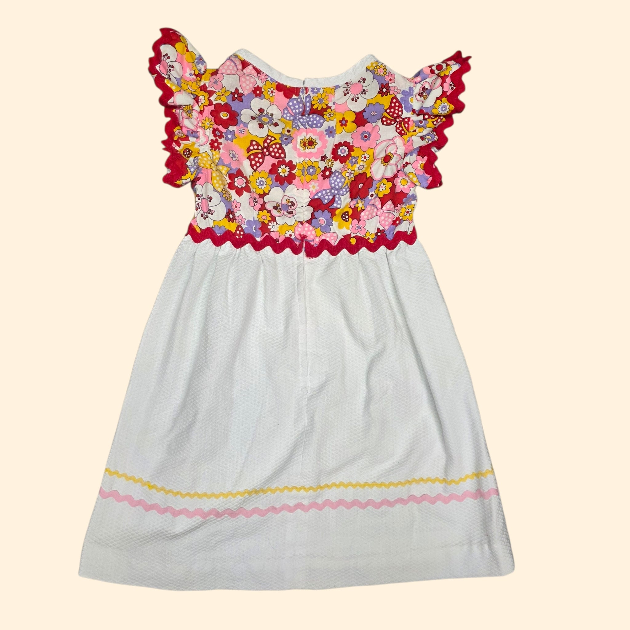 1960s Flower Power Dress ~ Girls 10 / 12 ~ Ric Rac Applique Flutter Sleeves