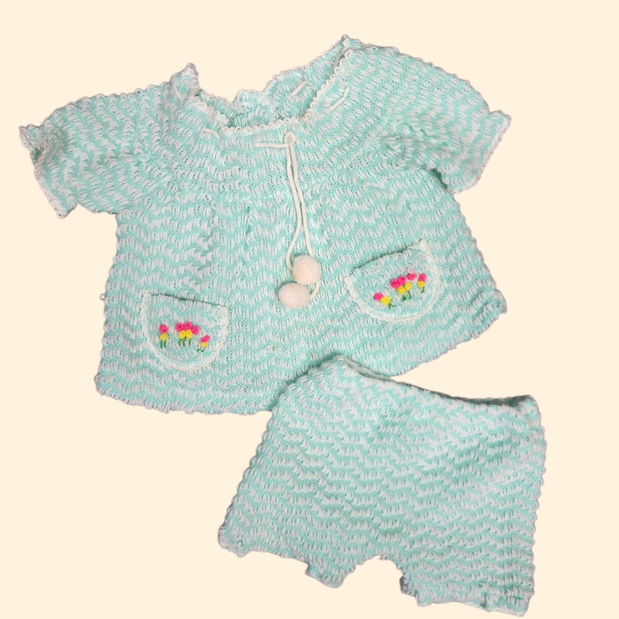 1970s Knit Two Piece Baby Toddler Shorts Set ~ 12 - 18 Months ~ Sea Foam Green