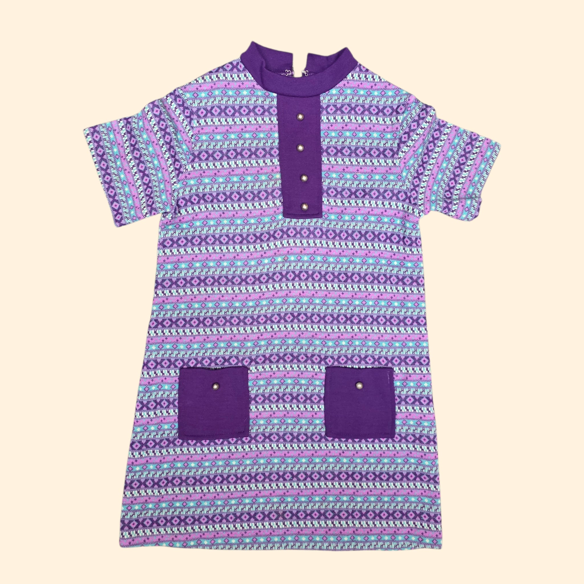 1960s Purple and Teal Geometric Print Polyeter Shift Dress ~ Girls 12 - 14