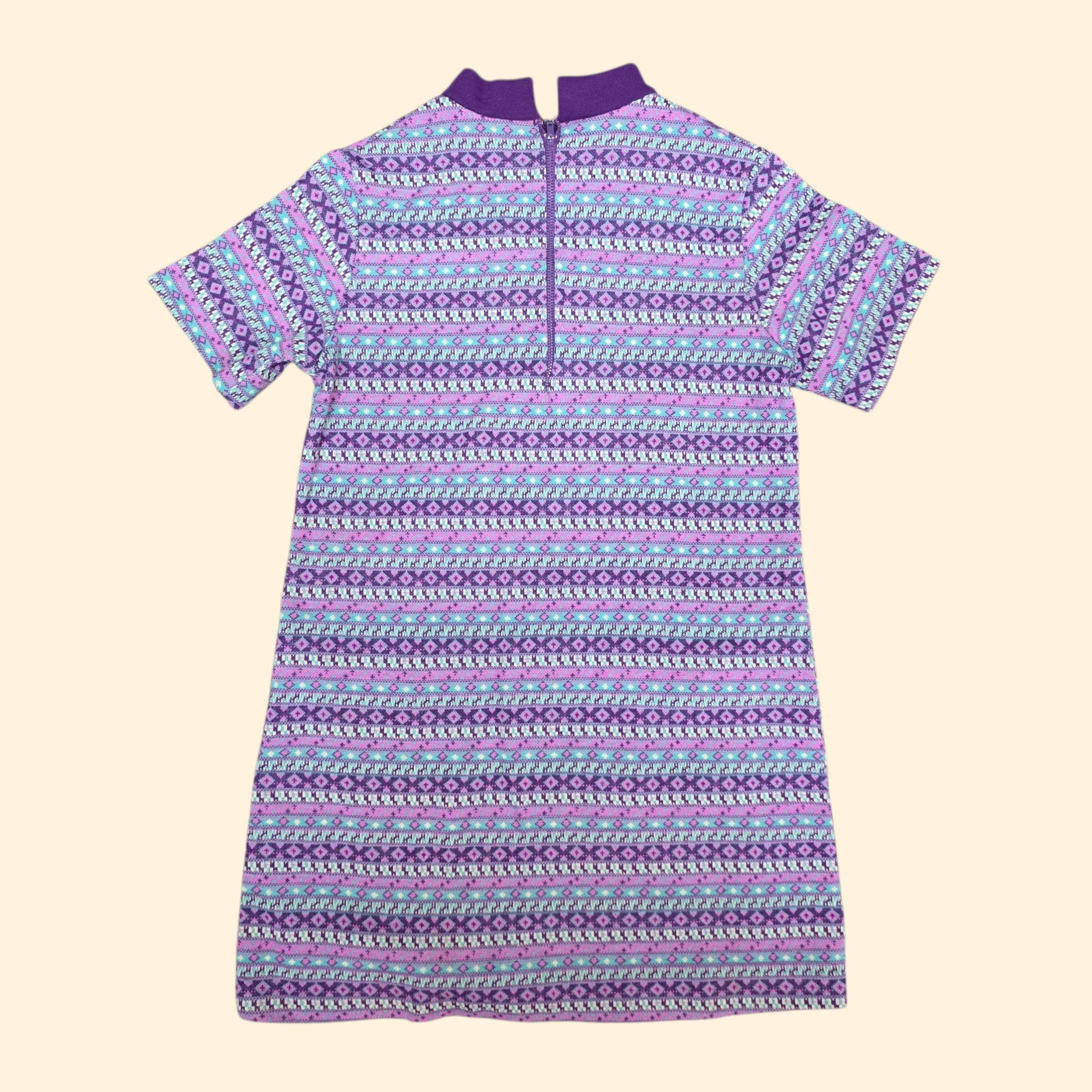 1960s Purple and Teal Geometric Print Polyeter Shift Dress ~ Girls 12 - 14
