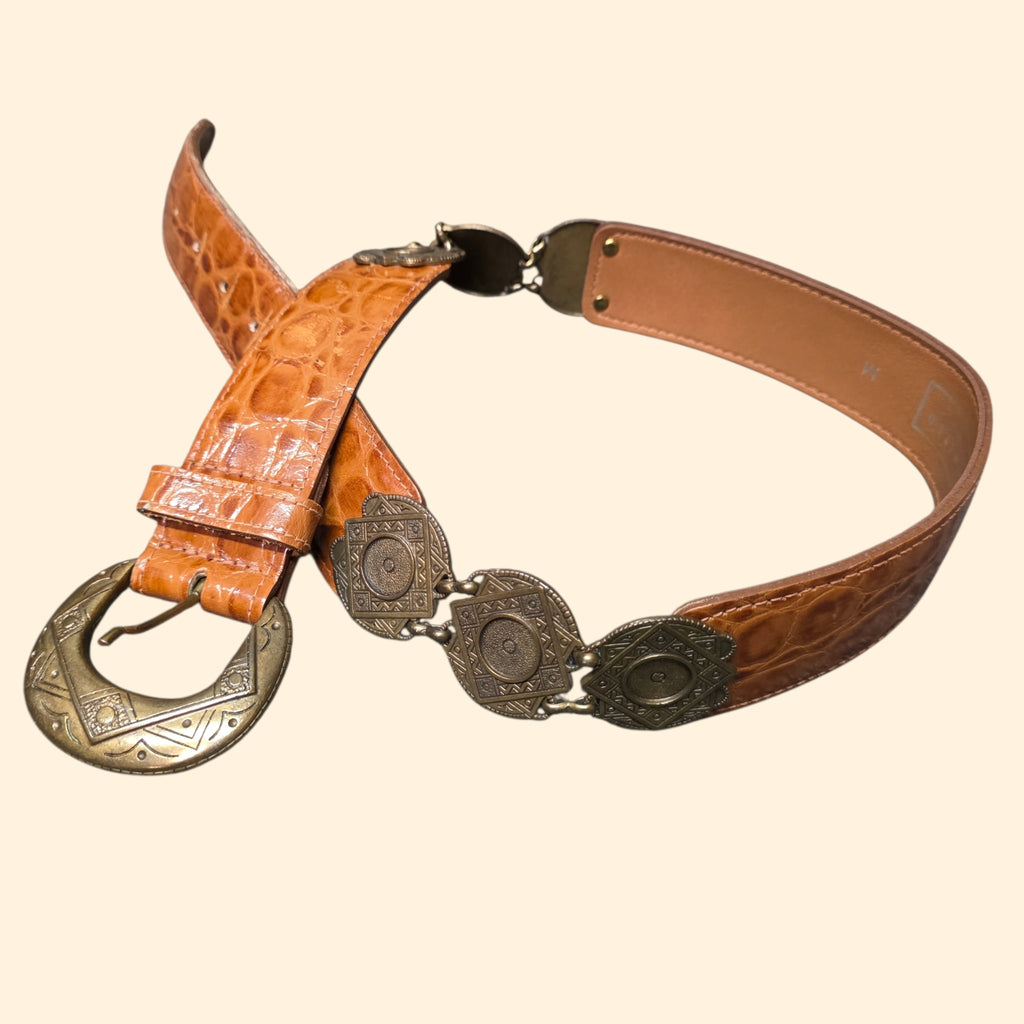 1990s The Limited Brown and Brass Tone Leather Belt ~ Medium ~ Medallion Alligator