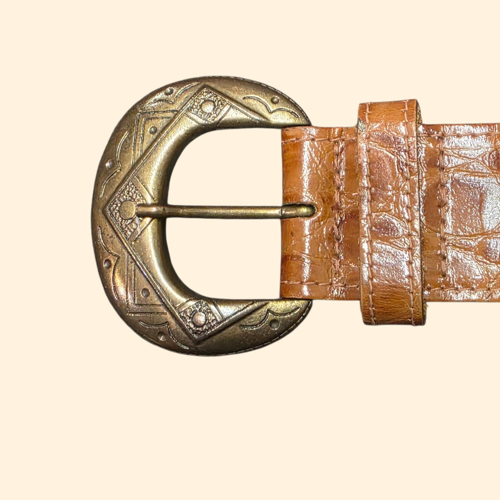 1990s The Limited Brown and Brass Tone Leather Belt ~ Medium ~ Medallion Alligator
