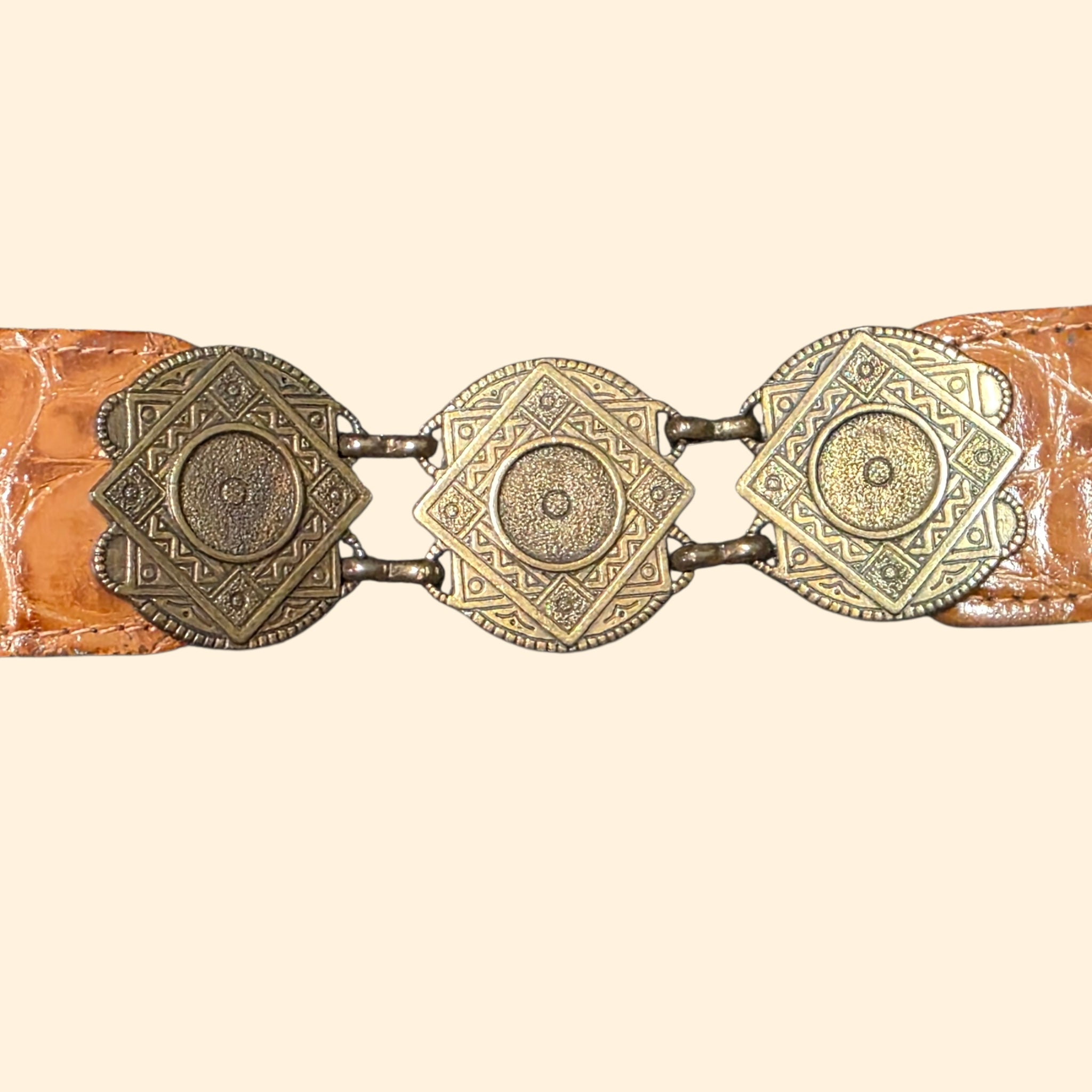 1990s The Limited Brown and Brass Tone Leather Belt ~ Medium ~ Medallion Alligator