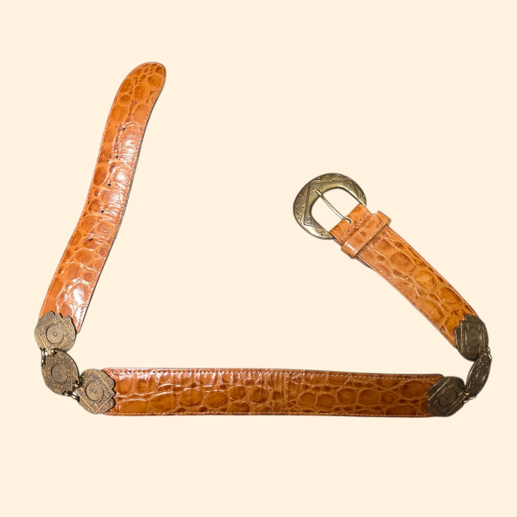 1990s The Limited Brown and Brass Tone Leather Belt ~ Medium ~ Medallion Alligator