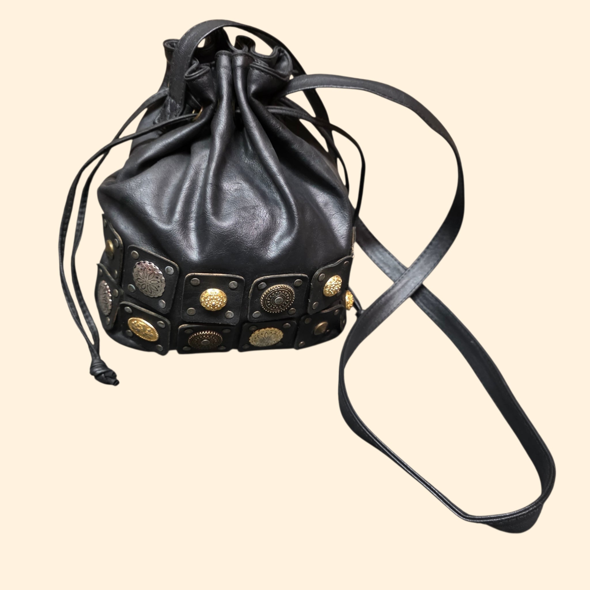1990s Studded Medallion Black Leather Drawstring Bucket Bag ~ Crossbody Purse