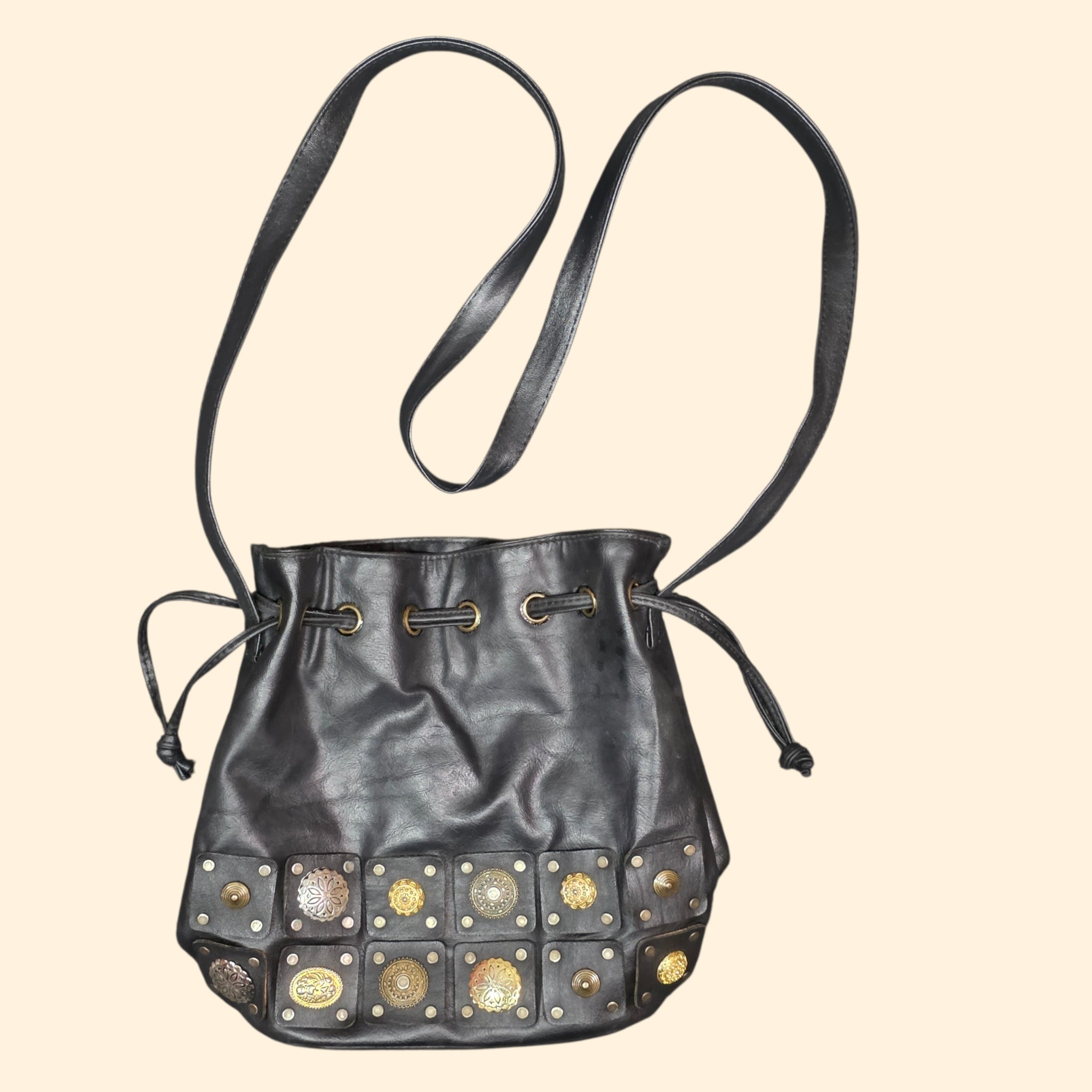 1990s Studded Medallion Black Leather Drawstring Bucket Bag ~ Crossbody Purse