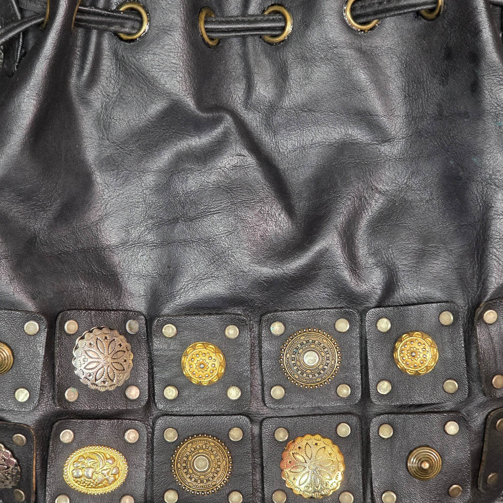 1990s Studded Medallion Black Leather Drawstring Bucket Bag ~ Crossbody Purse