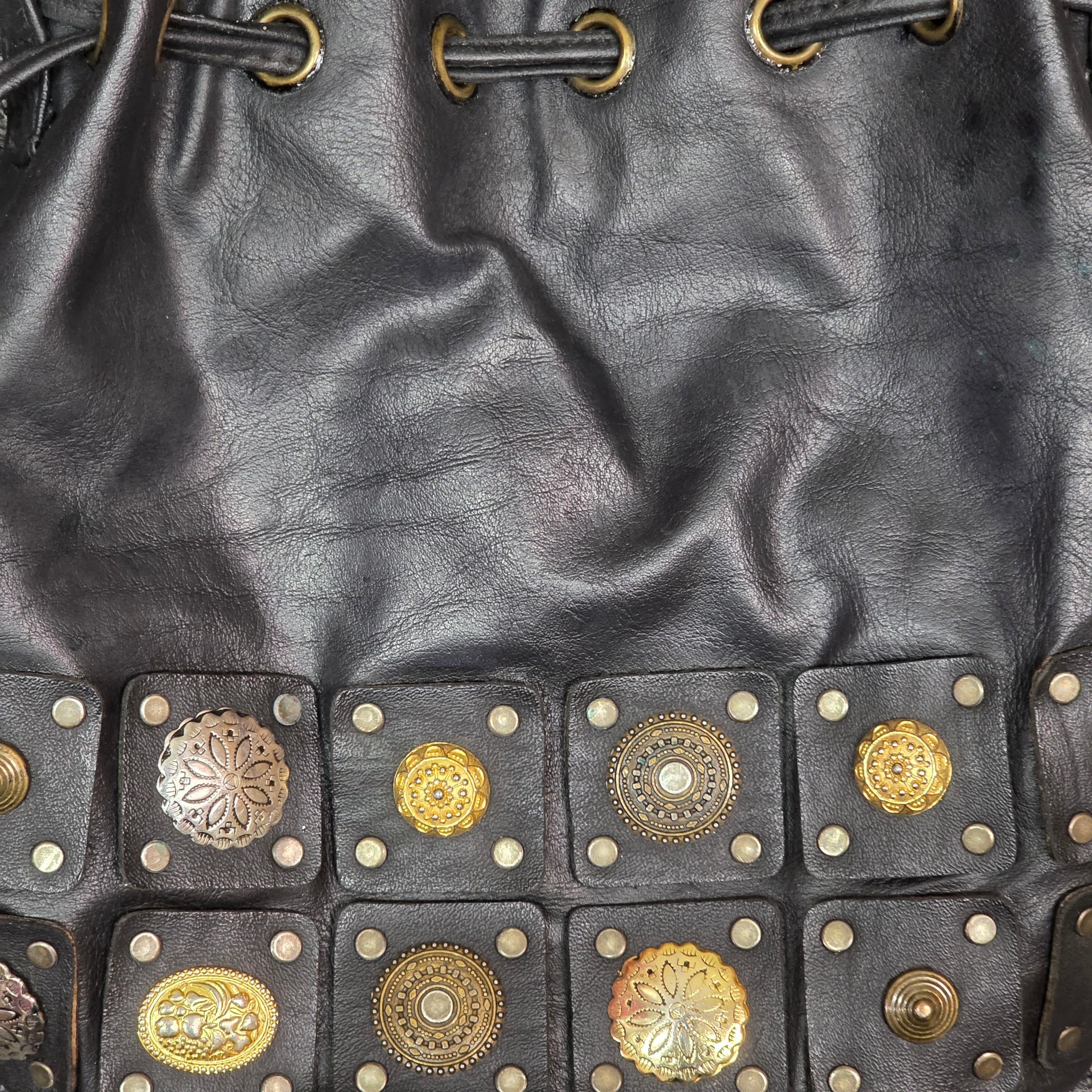 1990s Studded Medallion Black Leather Drawstring Bucket Bag ~ Crossbody Purse