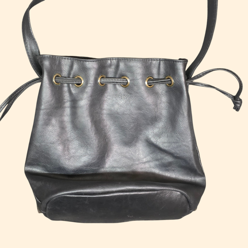 1990s Studded Medallion Black Leather Drawstring Bucket Bag ~ Crossbody Purse