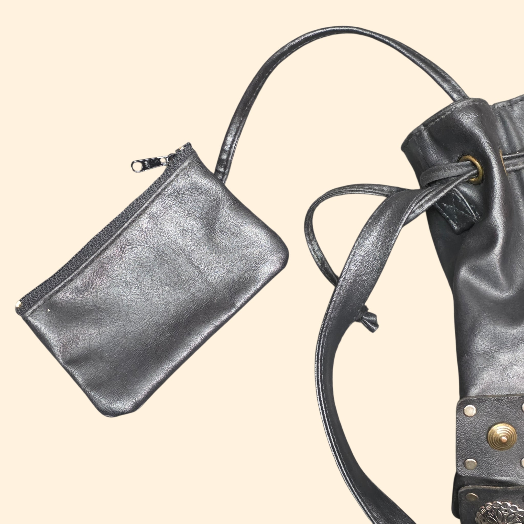 1990s Studded Medallion Black Leather Drawstring Bucket Bag ~ Crossbody Purse