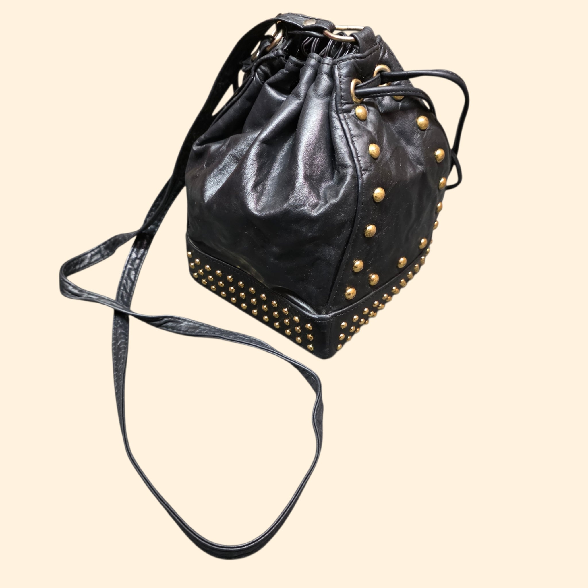 1990s Studded Black Leather Drawstring Crossbody Purse