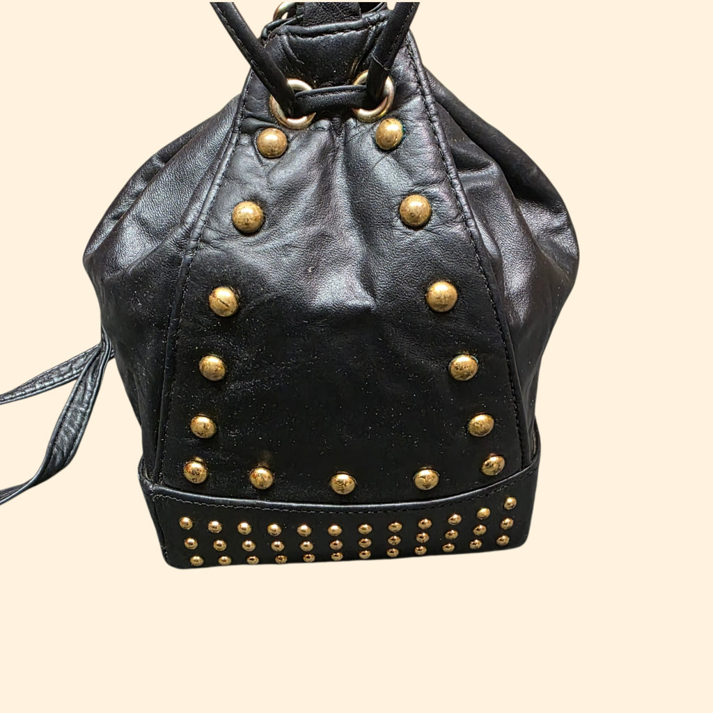 1990s Studded Black Leather Drawstring Crossbody Purse