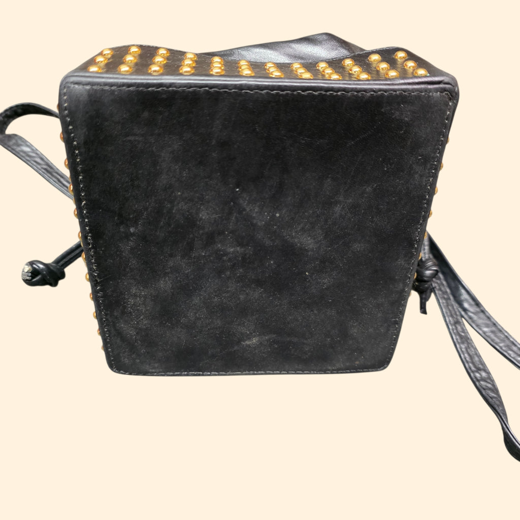 1990s Studded Black Leather Drawstring Crossbody Purse