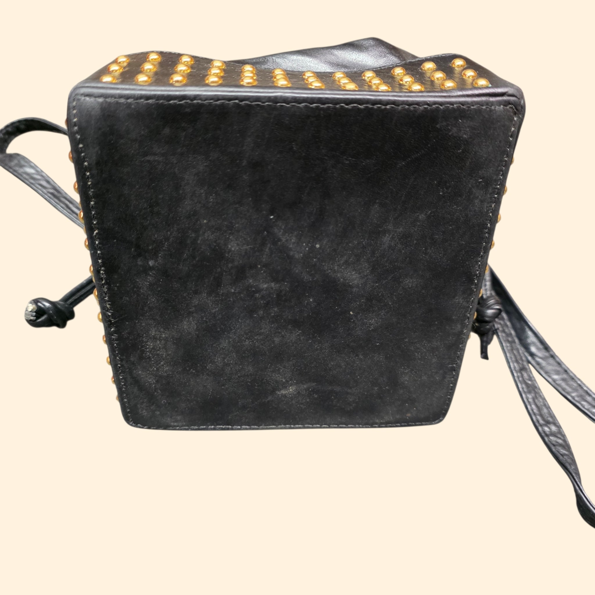 1990s Studded Black Leather Drawstring Crossbody Purse