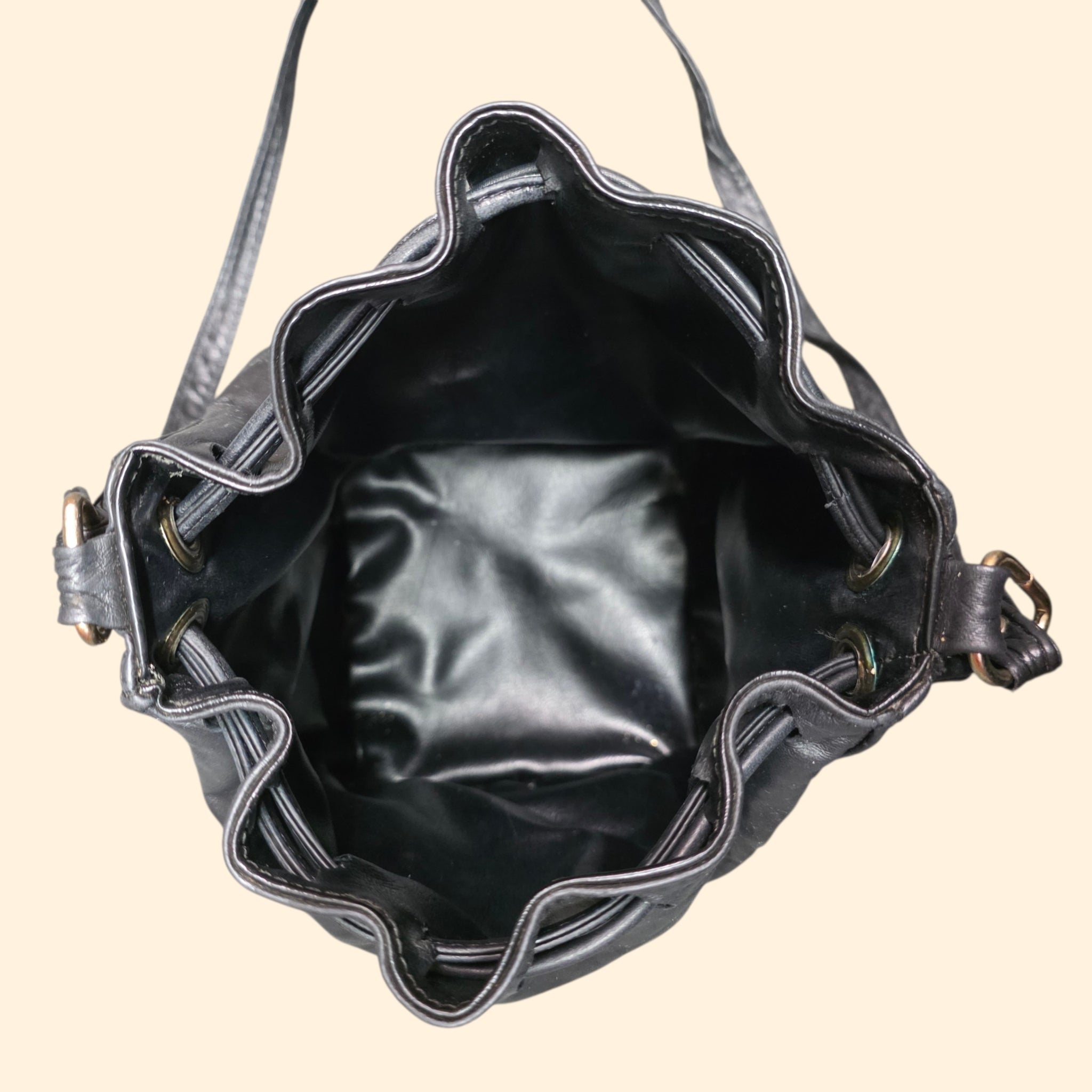 1990s Studded Black Leather Drawstring Crossbody Purse