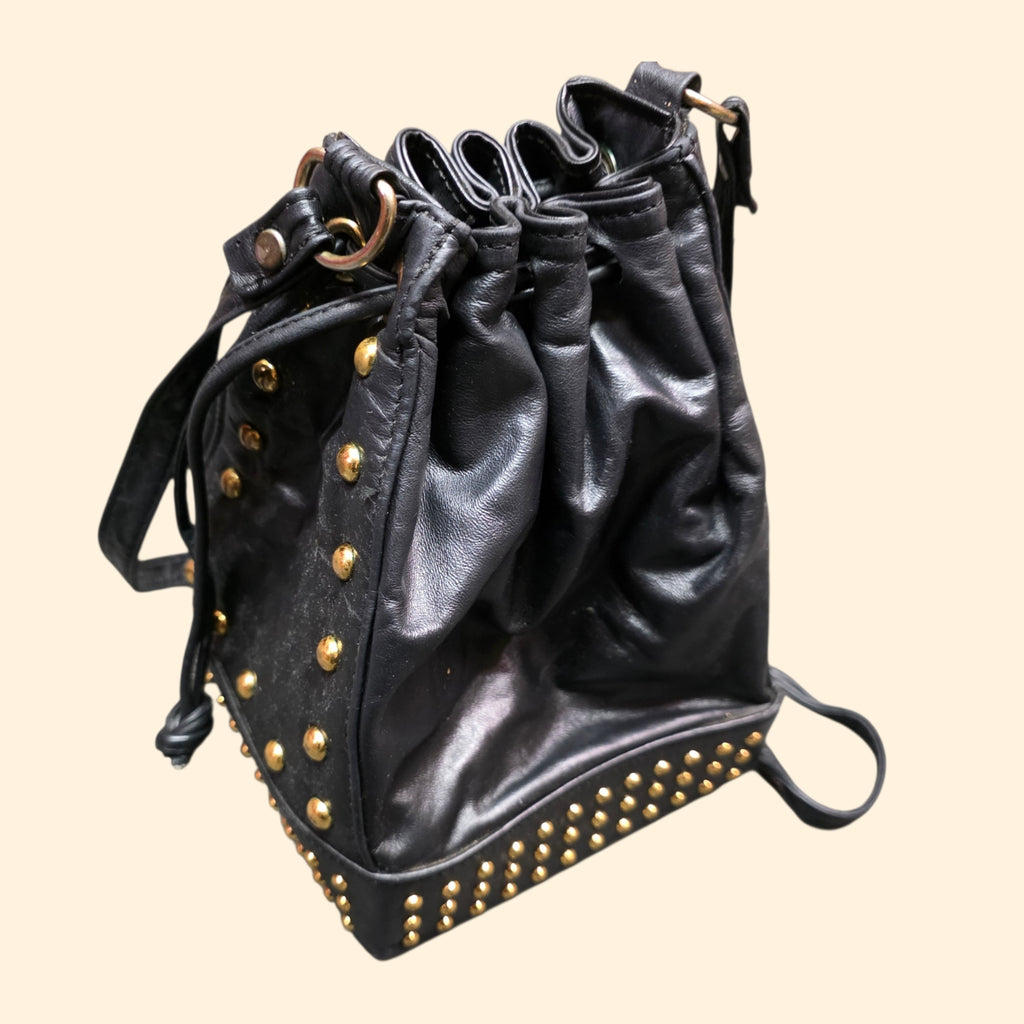 1990s Studded Black Leather Drawstring Crossbody Purse