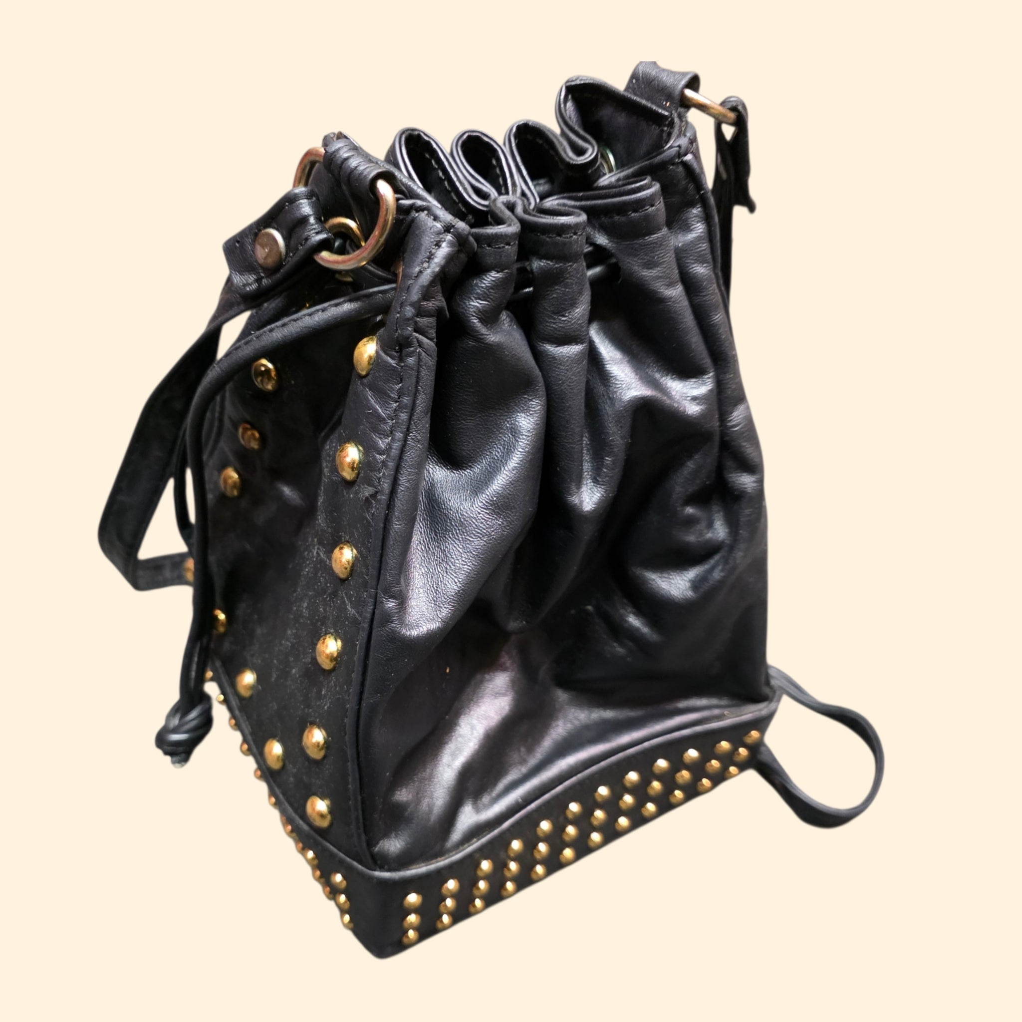 1990s Studded Black Leather Drawstring Crossbody Purse