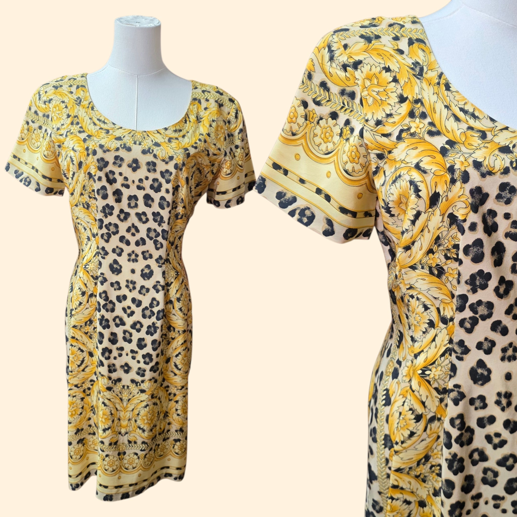 1990s Silk Baroque and Leopard Print Midi Dress ~ Small