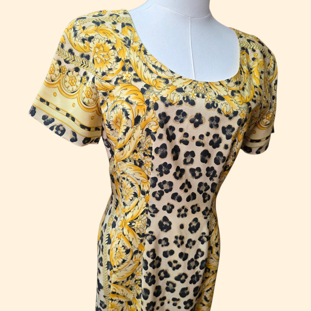 1990s Silk Baroque and Leopard Print Midi Dress ~ Small